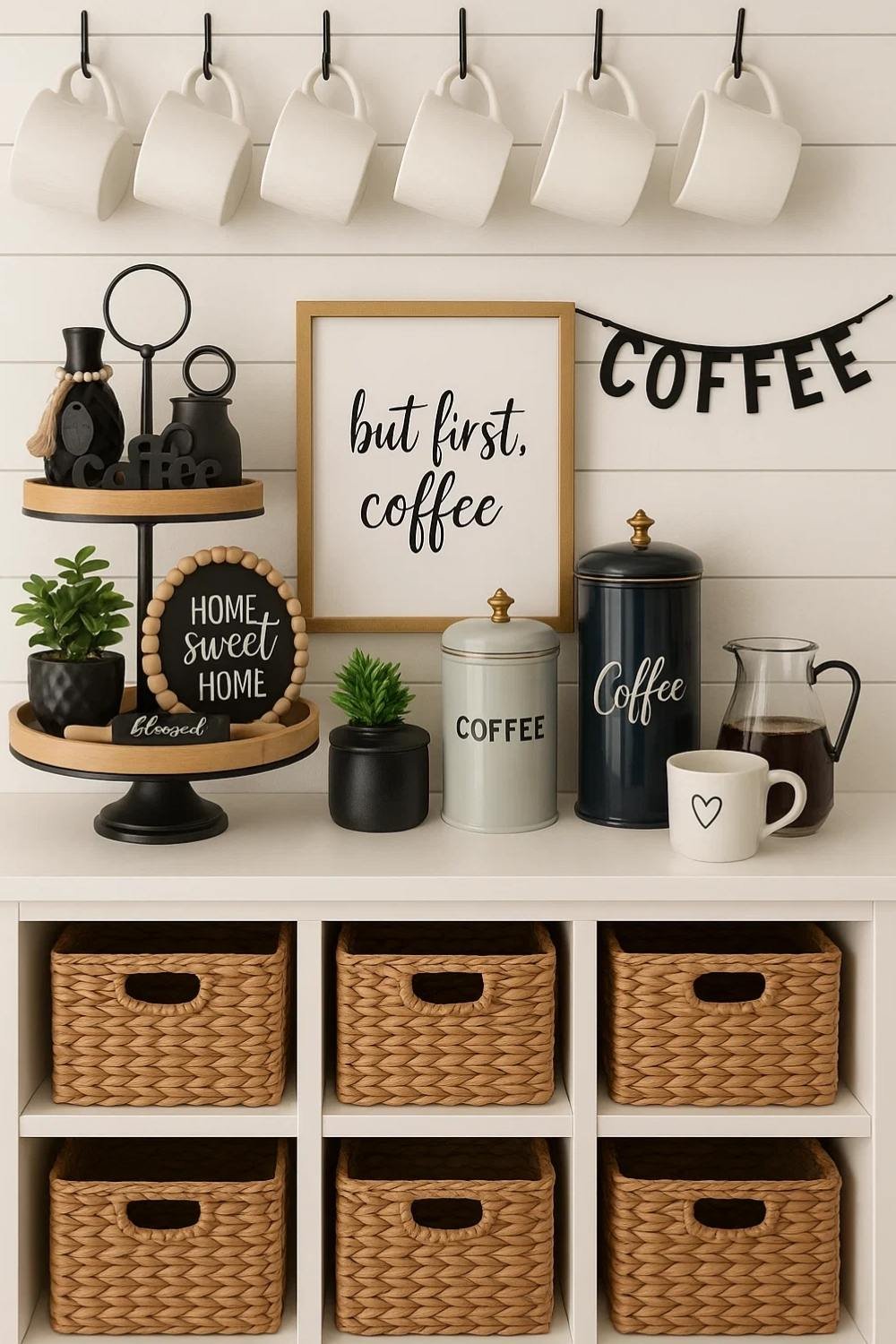 White coffee bar with woven baskets, mugs, and coffee jars.
