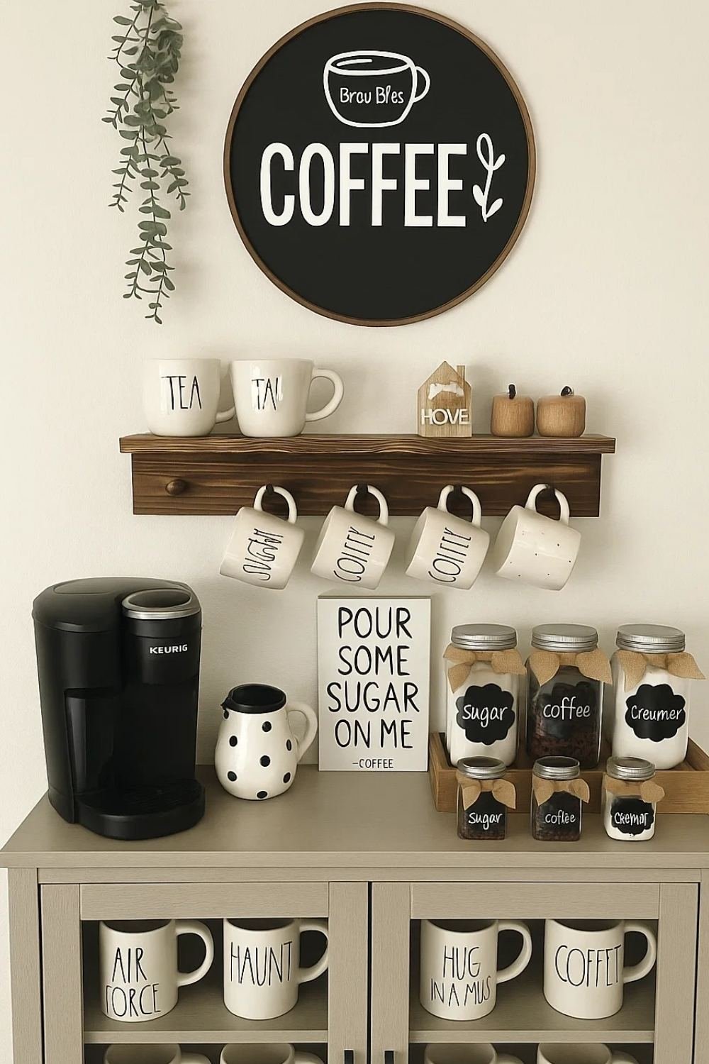 White coffee bar with playful sign and simple storage jars.