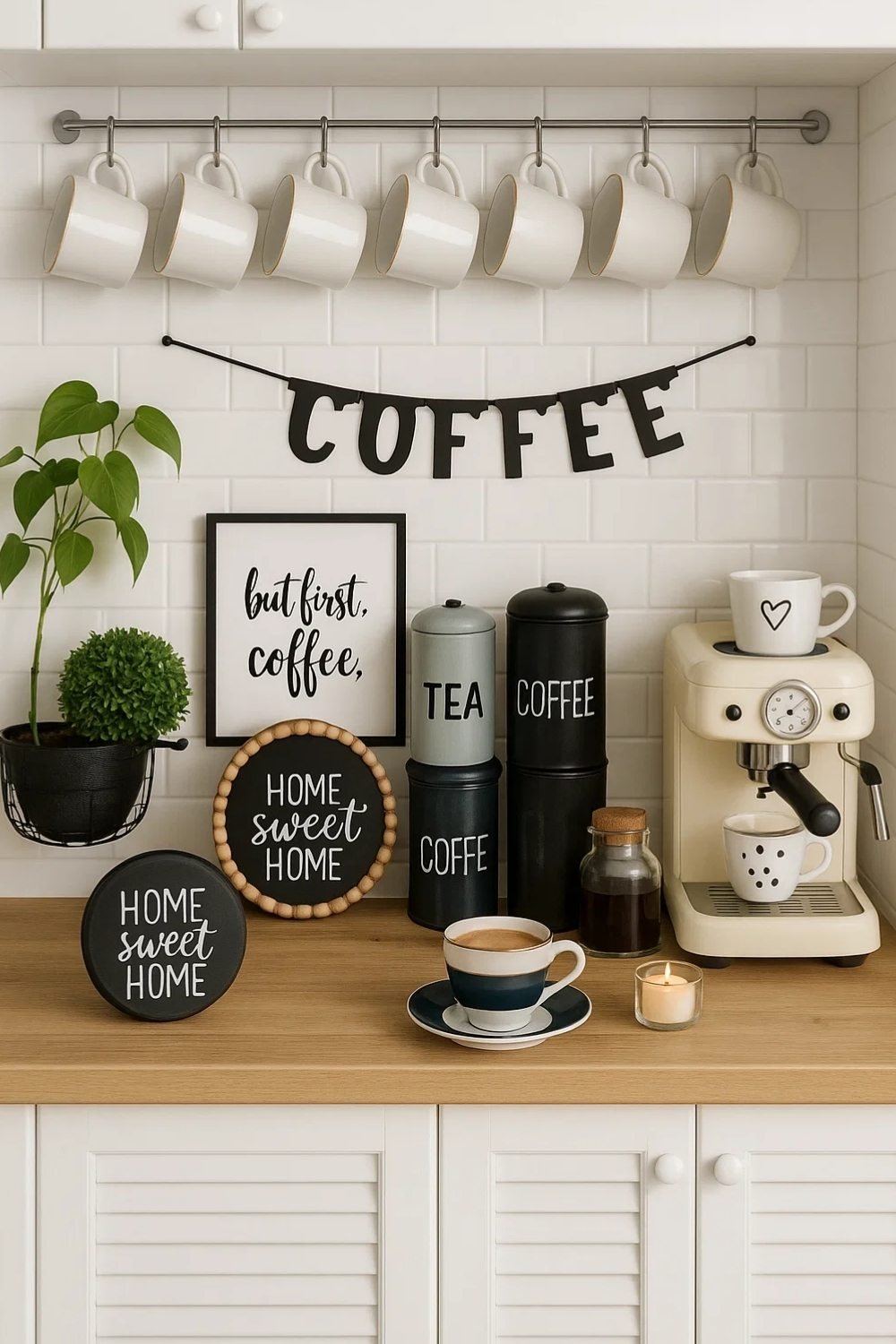 White coffee station with “But First, Coffee” wall sign and greenery.