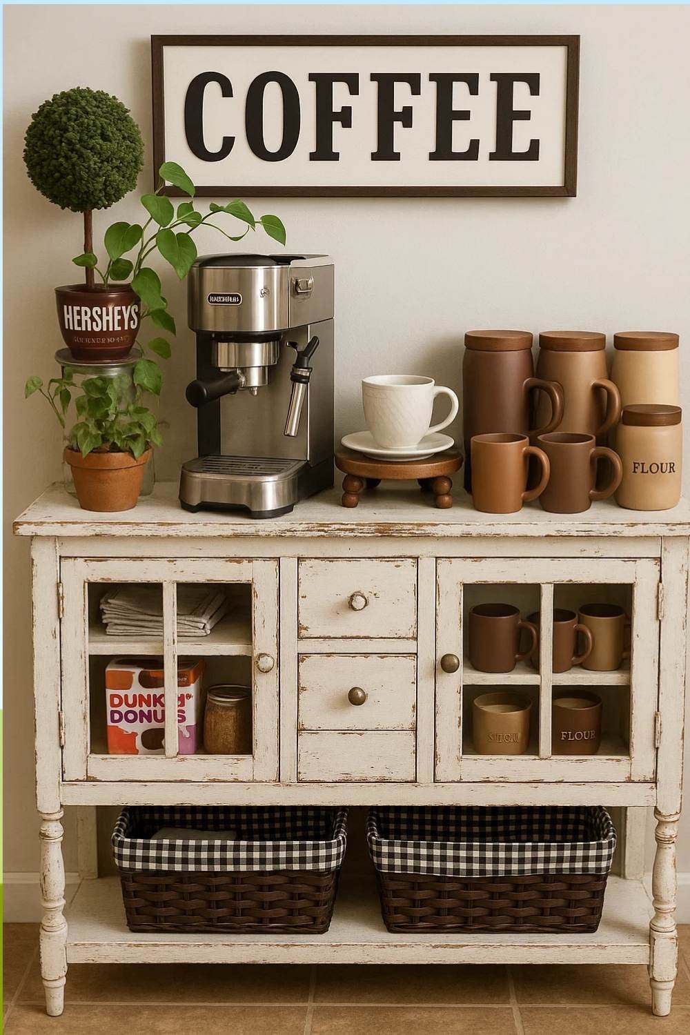 White coffee bar with distressed cabinet and modern coffee machine.