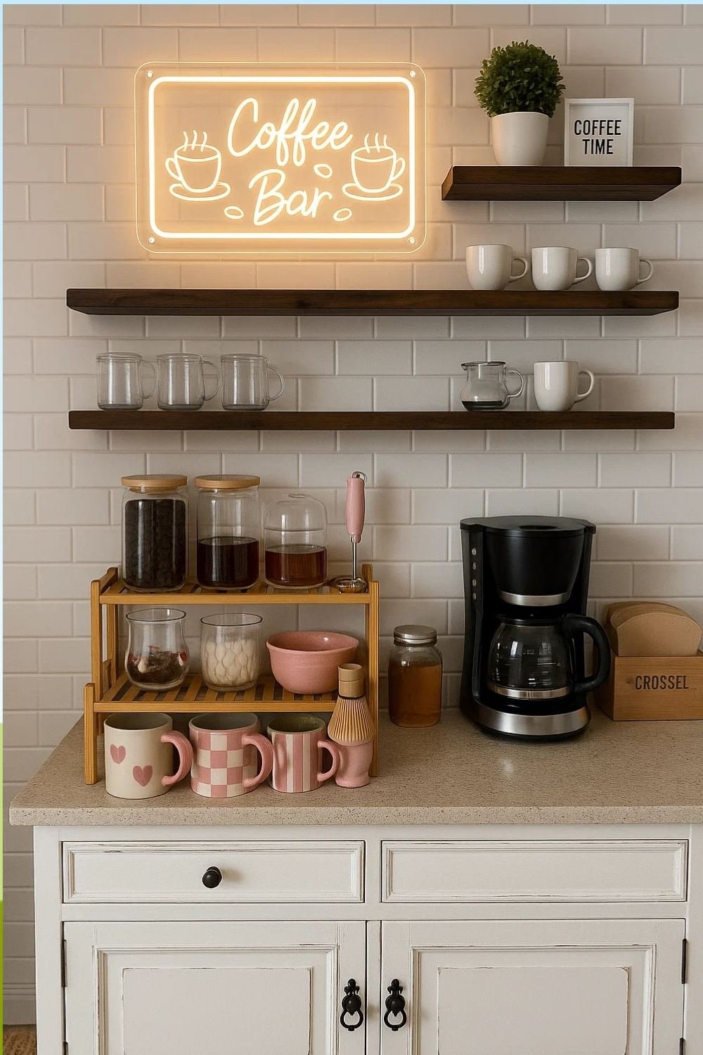 White coffee bar with neon “Coffee Bar” wall sign.
