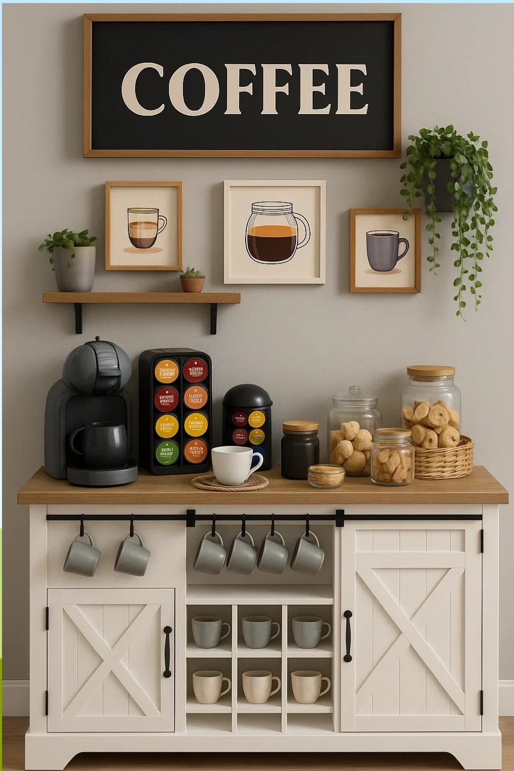 White coffee nook with framed coffee art prints above shelves.