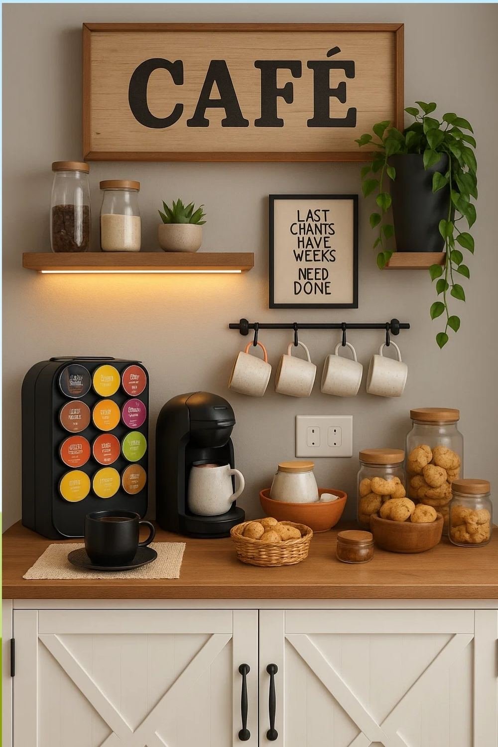 White coffee bar with oversized “Café” wall sign and jars.
