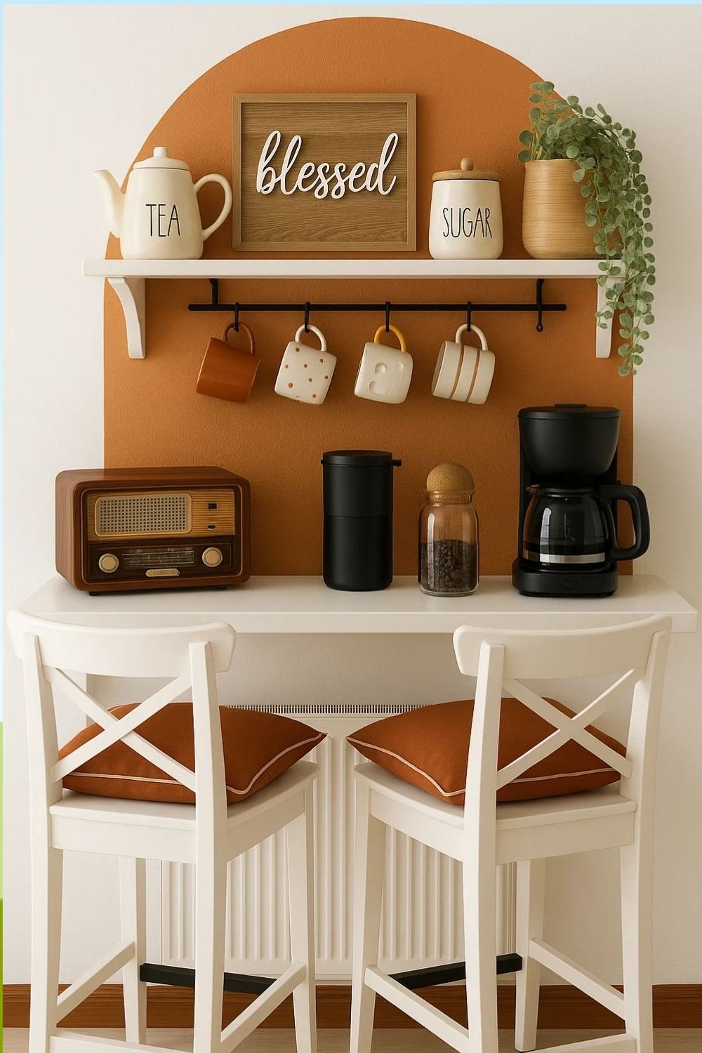 White coffee bar with terracotta painted arch wall.