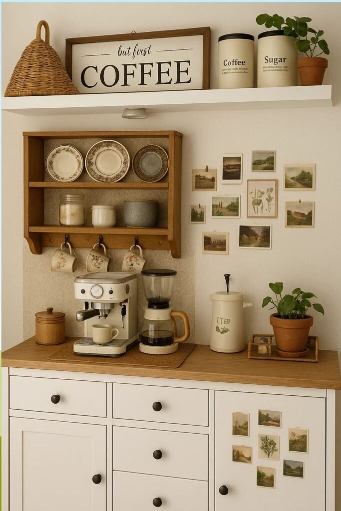 White coffee bar with Polaroids, rustic frames, and mugs.