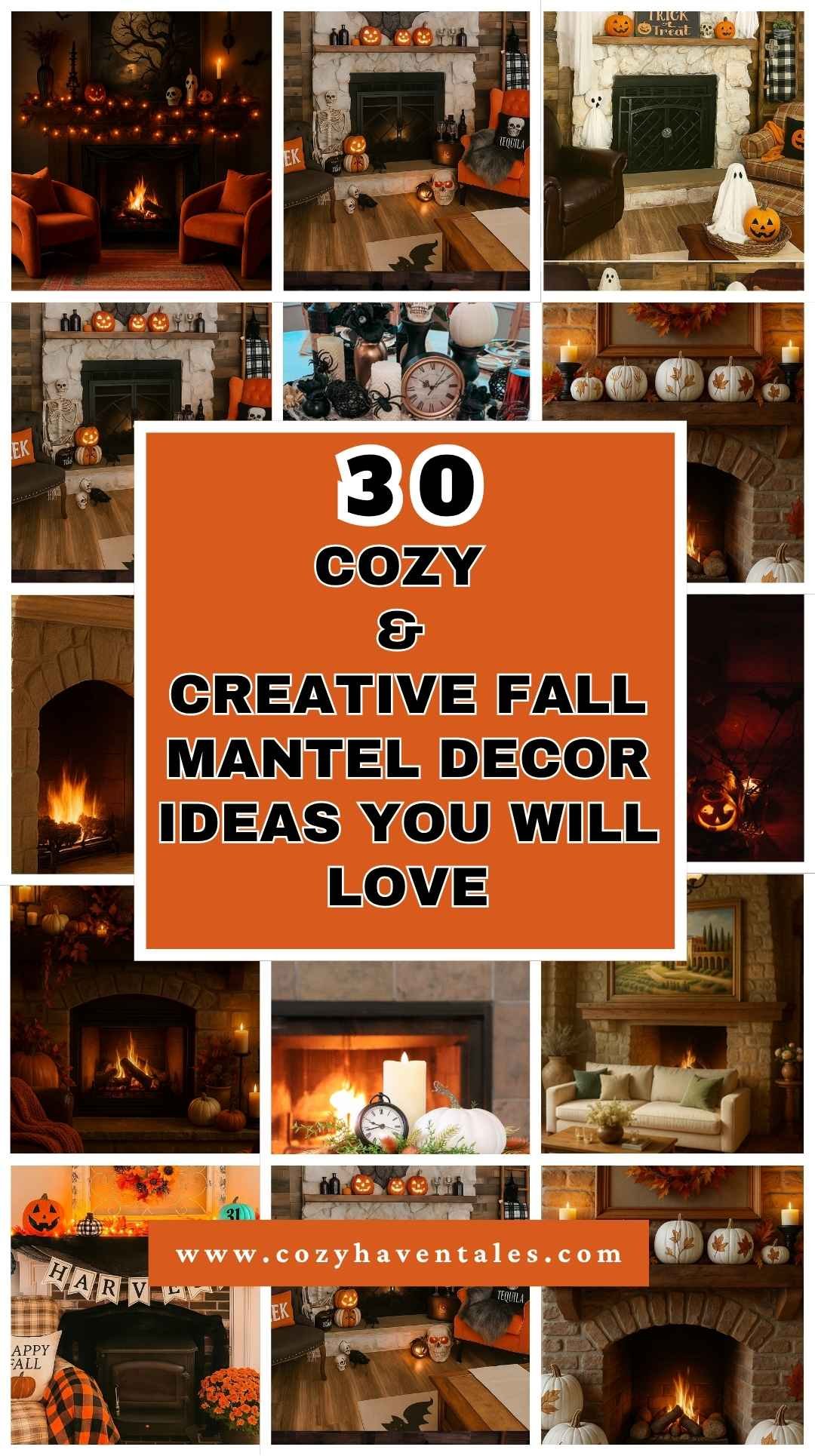 Collage of cozy and creative fall mantel décor ideas with pumpkins, candles, garlands, and seasonal accents for autumn home styling.