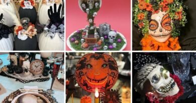 Collage of spooky Halloween centerpieces featuring skulls, pumpkins, mannequin head floral skull, vintage jack-o’-lantern, and whimsical pumpkin fairy figurine