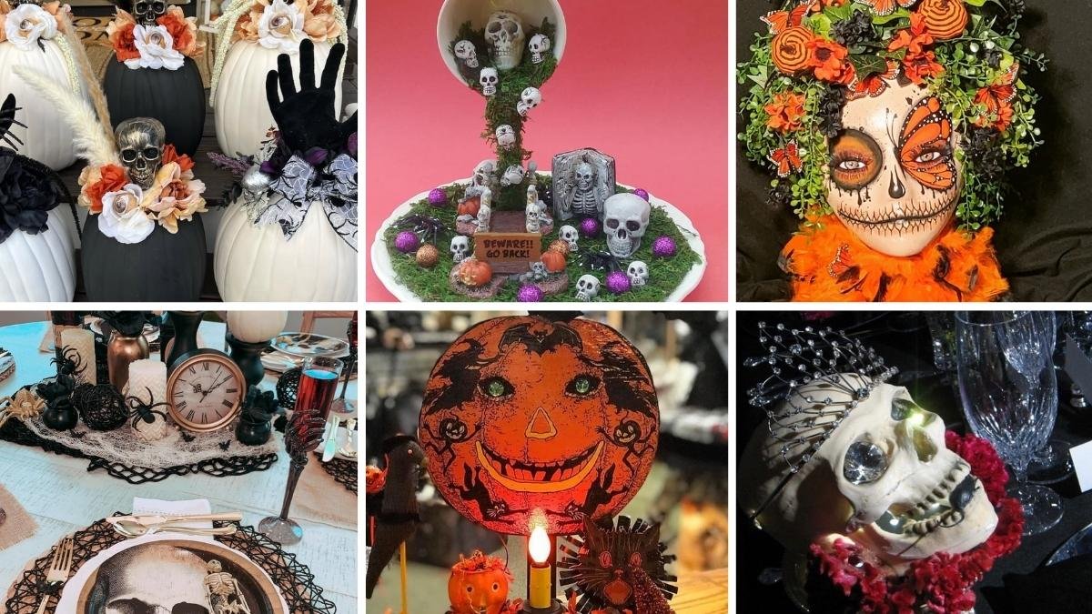 Collage of spooky Halloween centerpieces featuring skulls, pumpkins, mannequin head floral skull, vintage jack-o’-lantern, and whimsical pumpkin fairy figurine