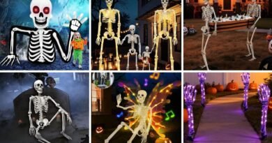 Amazon Finds collage featuring skeletons, ghosts, LED lights, and spooky Halloween decor ideas for affordable, stylish home decorating.