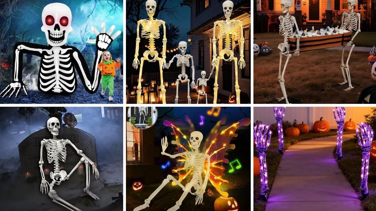 Amazon Finds collage featuring skeletons, ghosts, LED lights, and spooky Halloween decor ideas for affordable, stylish home decorating.