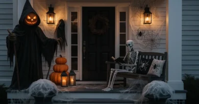 Spooky Halloween porch with grim reaper figure, glowing jack-o’-lanterns, skeleton reading on bench, and spider web decorations.