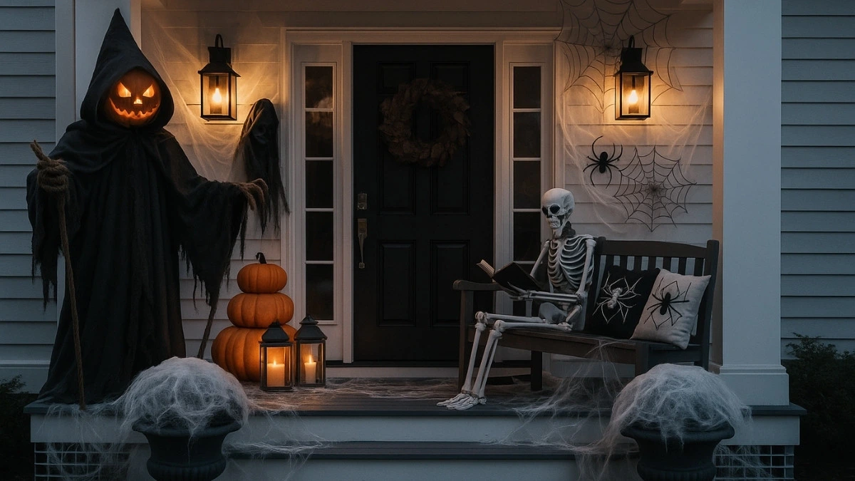 Spooky Halloween porch with grim reaper figure, glowing jack-o’-lanterns, skeleton reading on bench, and spider web decorations.