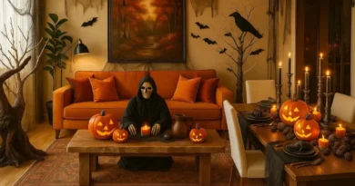 Cozy Halloween apartment living room with orange sofa, skeleton figure, carved pumpkins, candlelit dining table, and elegant autumn décor.