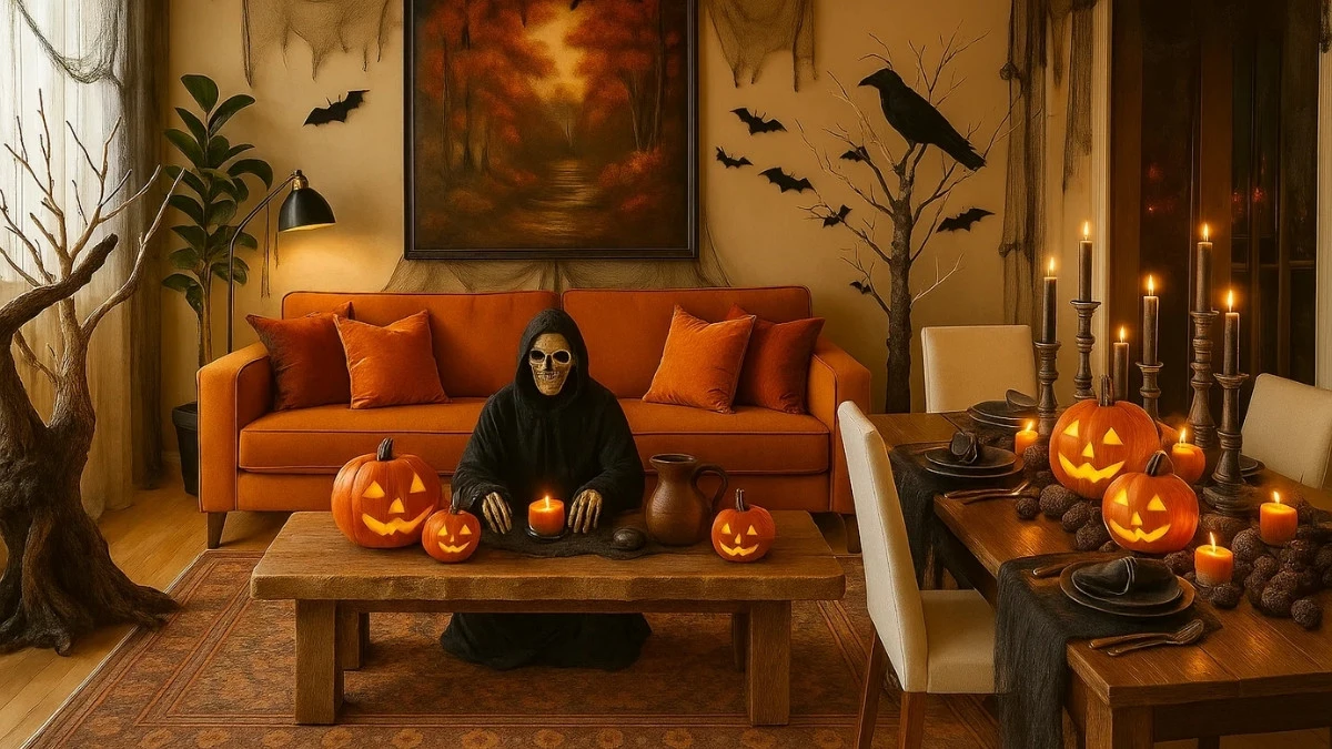 Cozy Halloween apartment living room with orange sofa, skeleton figure, carved pumpkins, candlelit dining table, and elegant autumn décor.