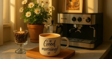 Cozy coffee corner decor with espresso machine, Good Morning mug, daisies, and candle in warm morning light.