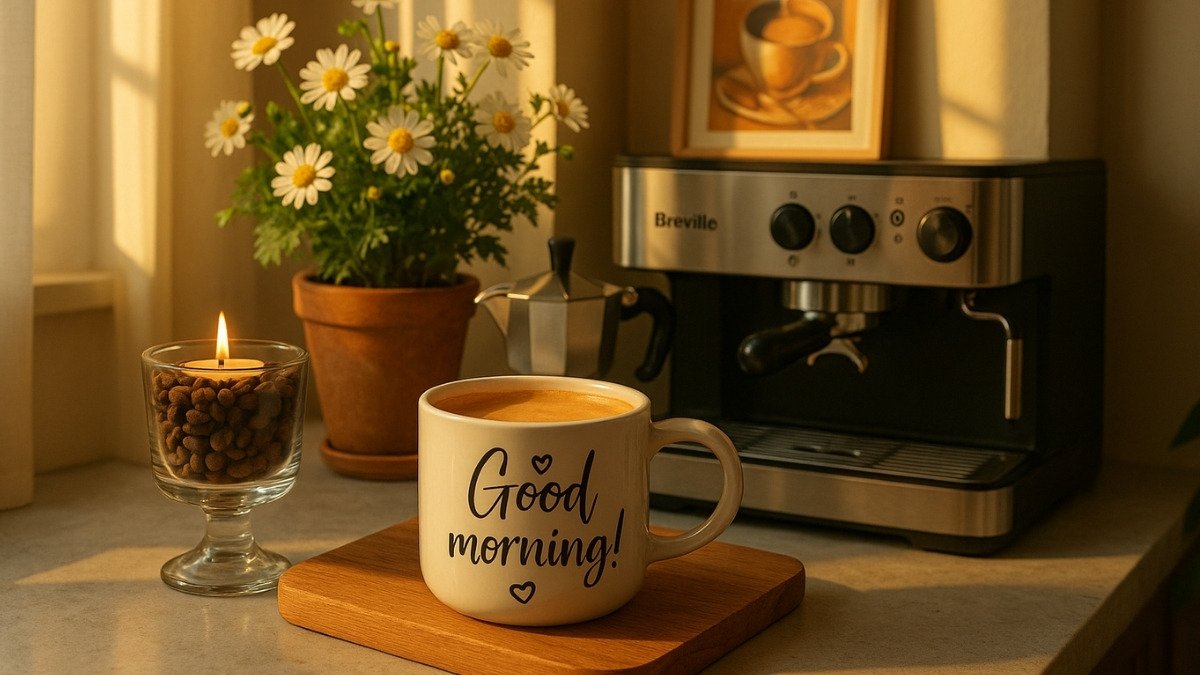 Cozy coffee corner decor with espresso machine, Good Morning mug, daisies, and candle in warm morning light.