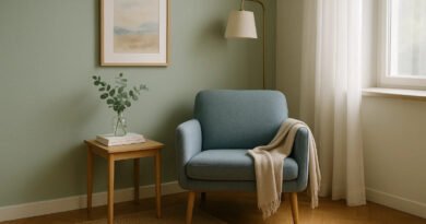Minimalist reading nook with sage-green wall, soft blue armchair, wooden side table, and floor lamp beside a sunlit window — cozy and balanced modern interior.