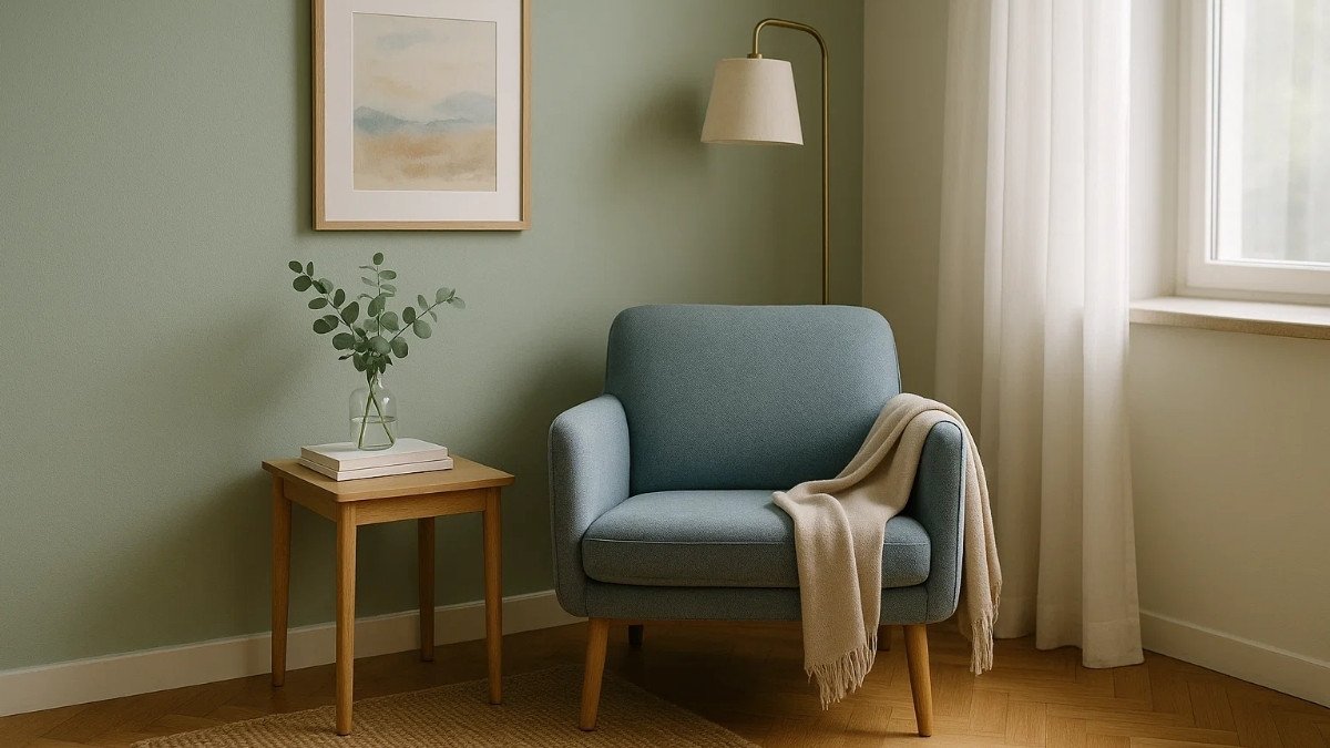 Minimalist reading nook with sage-green wall, soft blue armchair, wooden side table, and floor lamp beside a sunlit window — cozy and balanced modern interior.