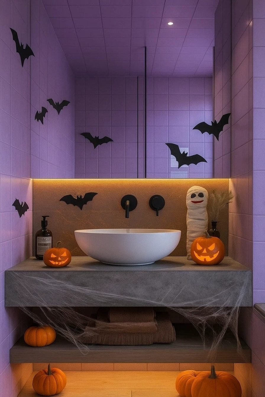 Modern Halloween bathroom with purple lighting, pumpkins, bats, and cobwebs surrounding a white sink area.