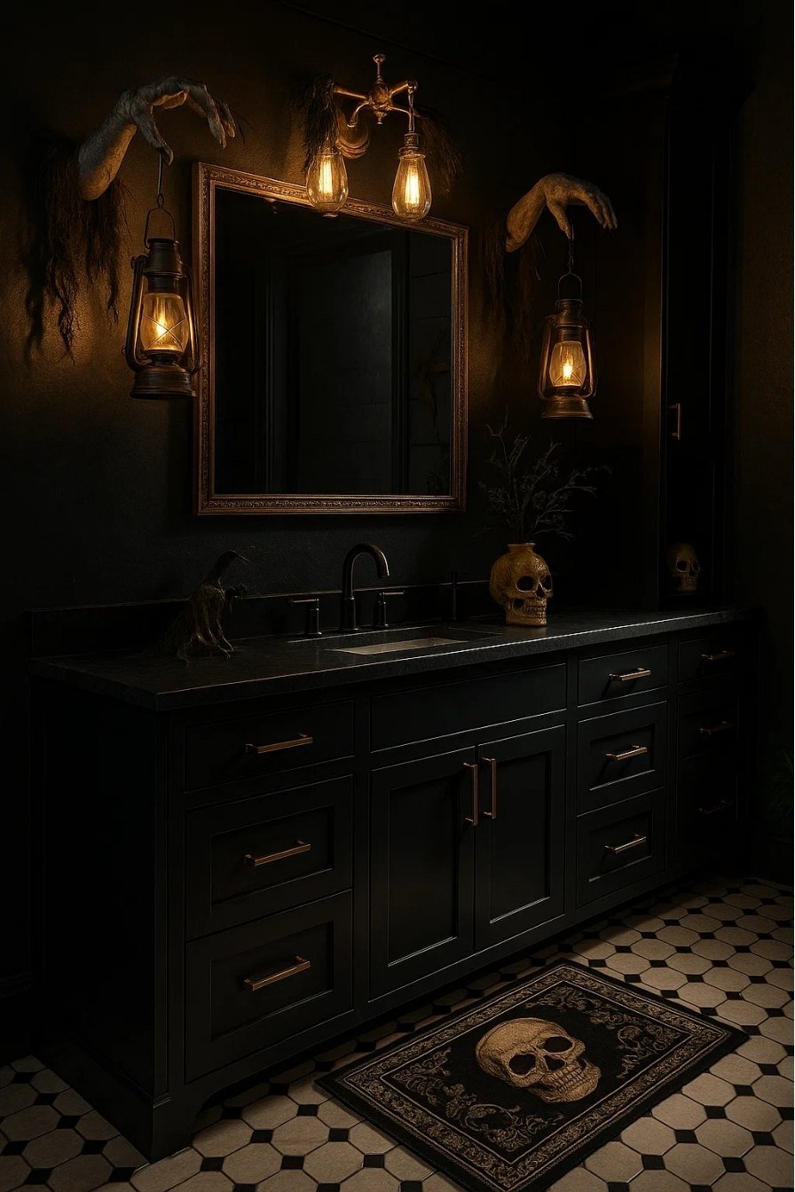 Dark gothic Halloween bathroom with skull rug, black vanity, and eerie lighting for a spooky yet elegant feel.