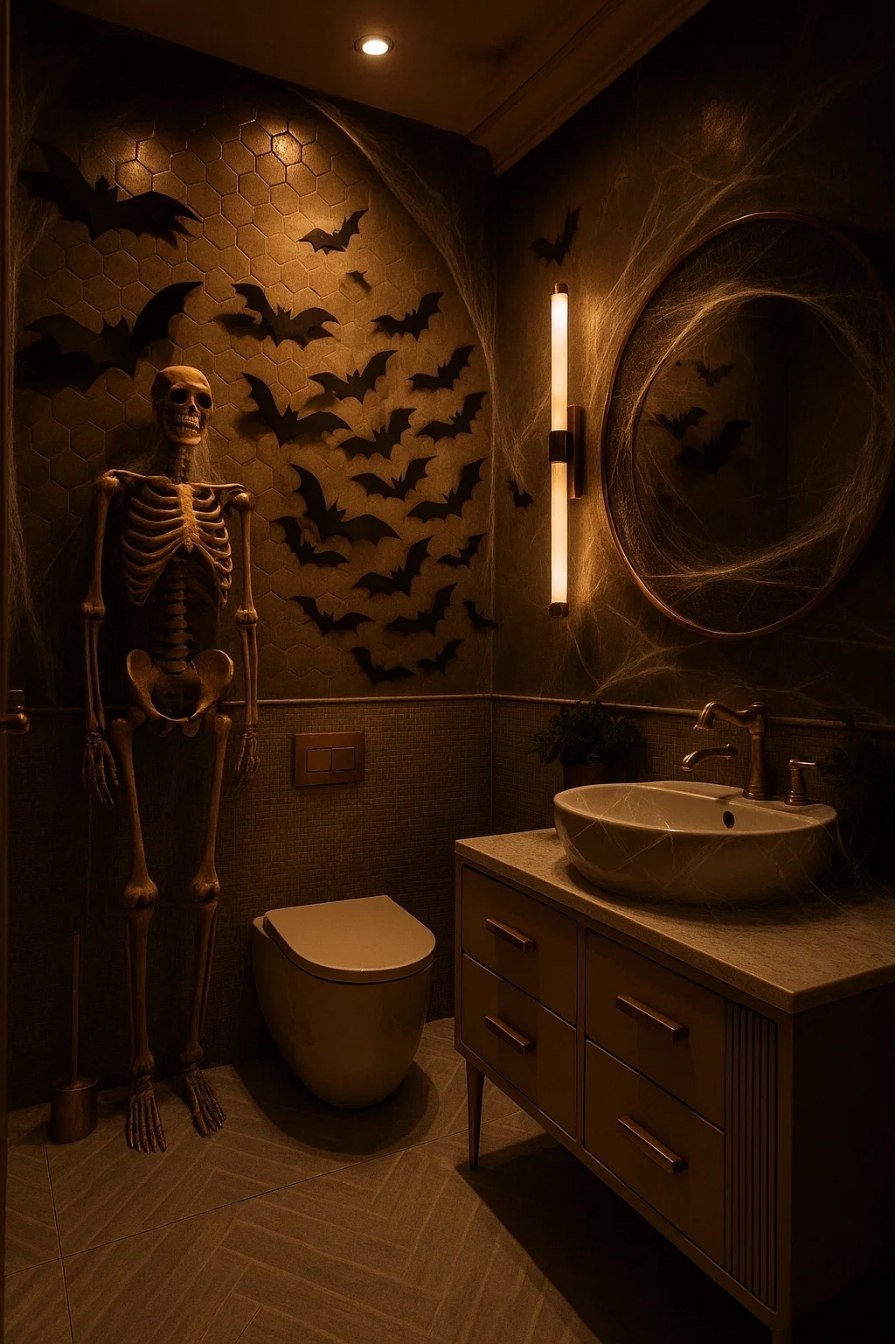 Skeleton-themed Halloween bathroom with bats on the wall and warm amber lighting creating a haunted effect.