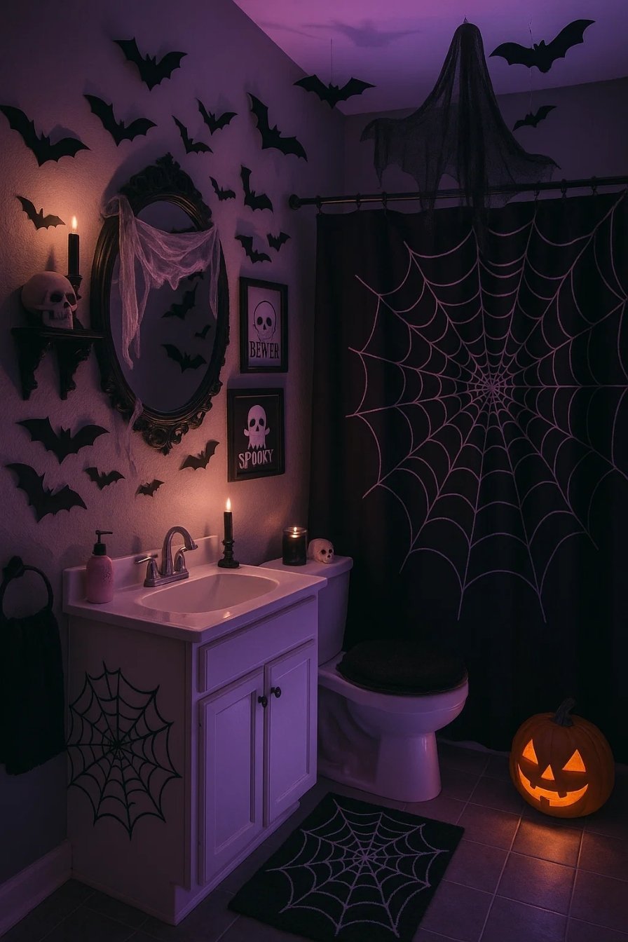 Purple-lit Halloween bathroom with spiderweb shower curtain, wall bats, and a glowing jack-o’-lantern.