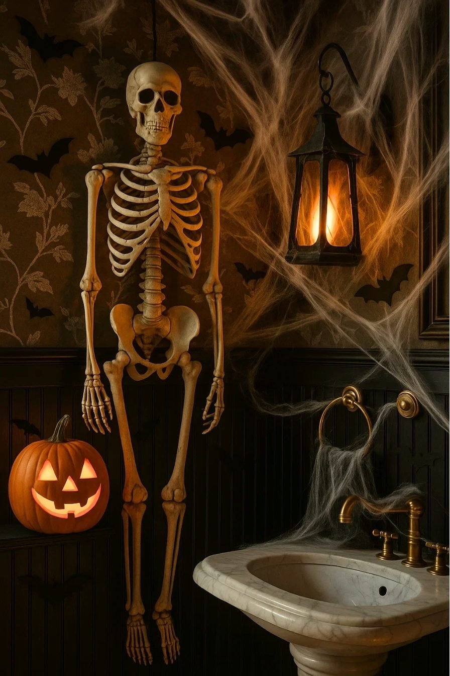 Skeleton decor in a Halloween bathroom with cobwebs, lanterns, and a glowing pumpkin for a creepy festive touch.