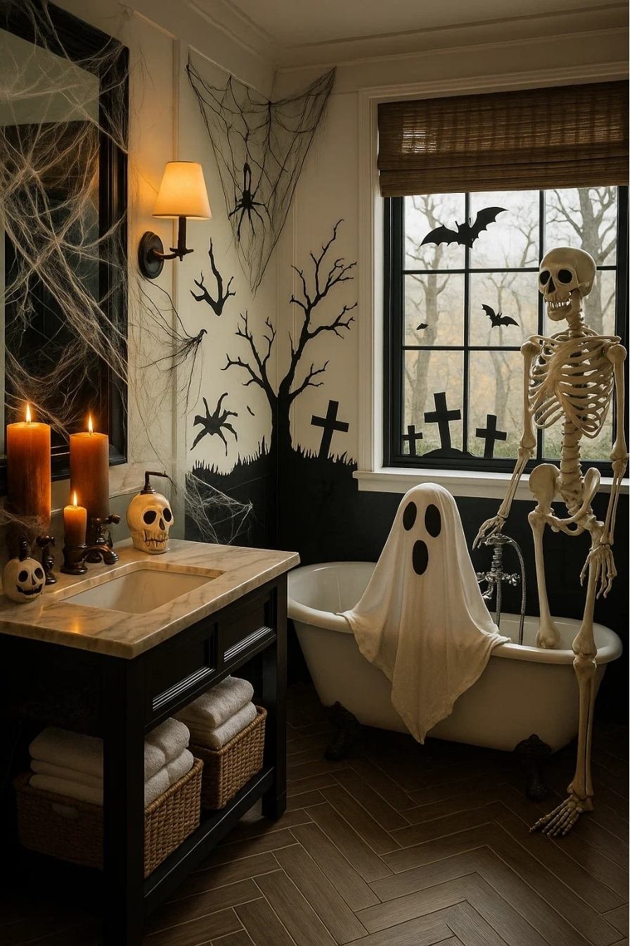 Stylish Halloween bathroom decorated with candles, pumpkins, and spider web details for a cozy seasonal touch.