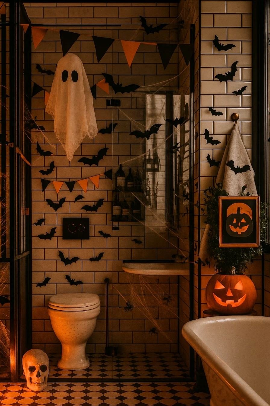 Halloween bathroom with floating ghost decorations, cobwebs, bats, and pumpkins glowing with warm orange lighting.