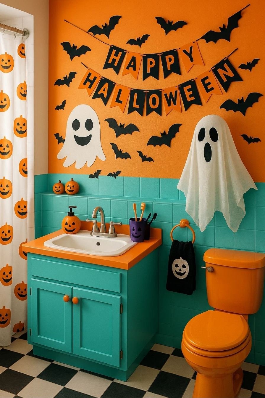 Bright and colorful Halloween bathroom with teal accents, orange toilet, ghost wall decals, and bats for a fun festive vibe.