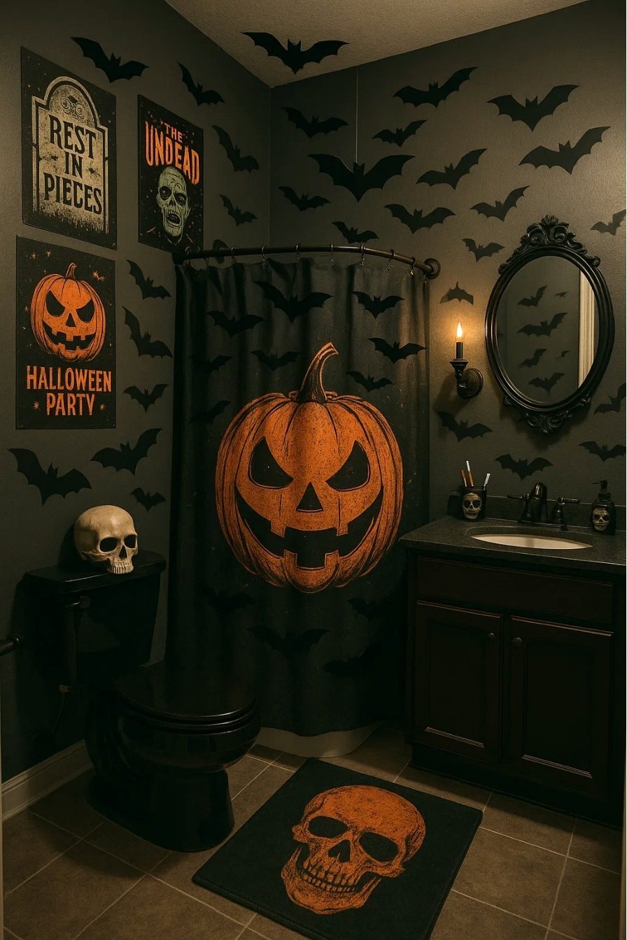 Dark bathroom with jack-o’-lantern picture on shower curtain, skull accents everywhere and “Happy Halloween” wall art for a creepy atmosphere.
