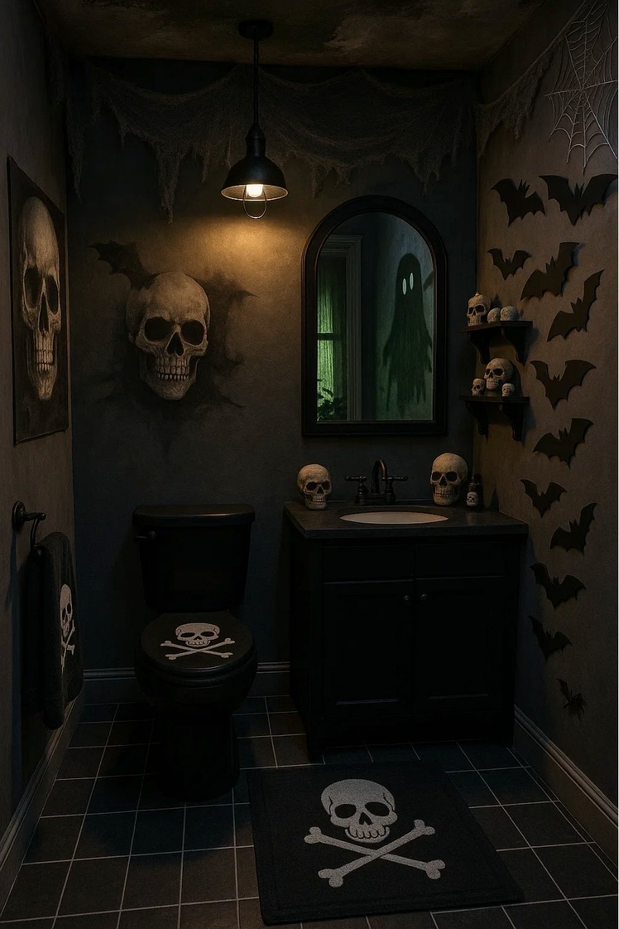 Gothic-style Halloween bathroom with skull rug, bats on the wall, and dim lighting creating a mysterious haunted mood.