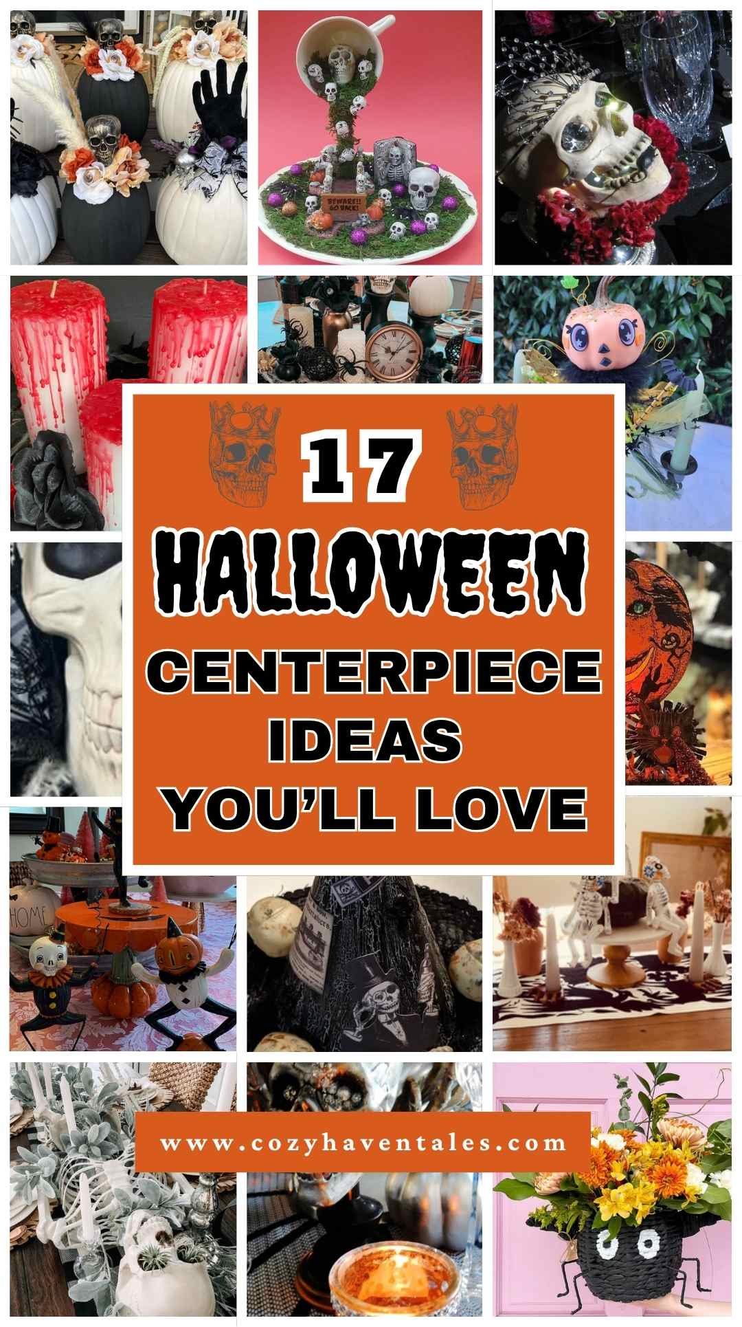 Spooky Halloween centerpiece ideas with skulls, pumpkins, candles, and whimsical decorations to inspire table and party décor