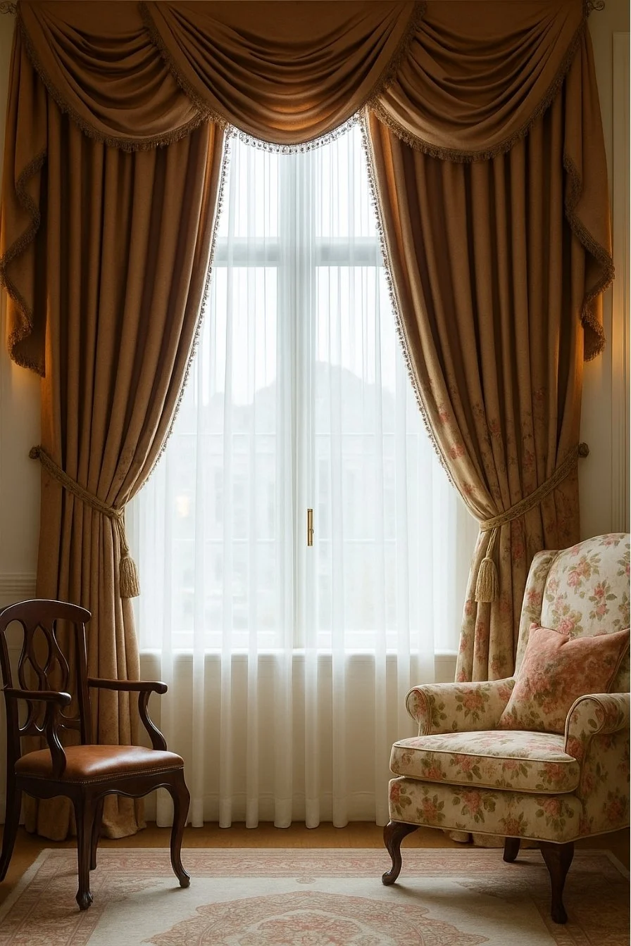 Window with ornate valances and heavy gold curtains in a traditional living space.