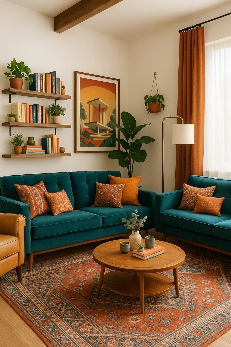 Retro-inspired living room with teal and orange décor reminiscent of mid-century style.