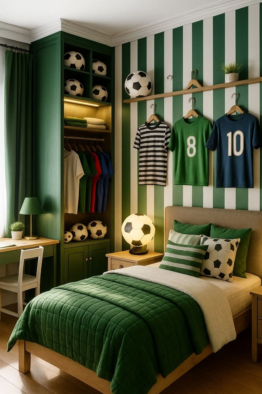 Bedroom with strong football theme, green striped walls, and sports décor.