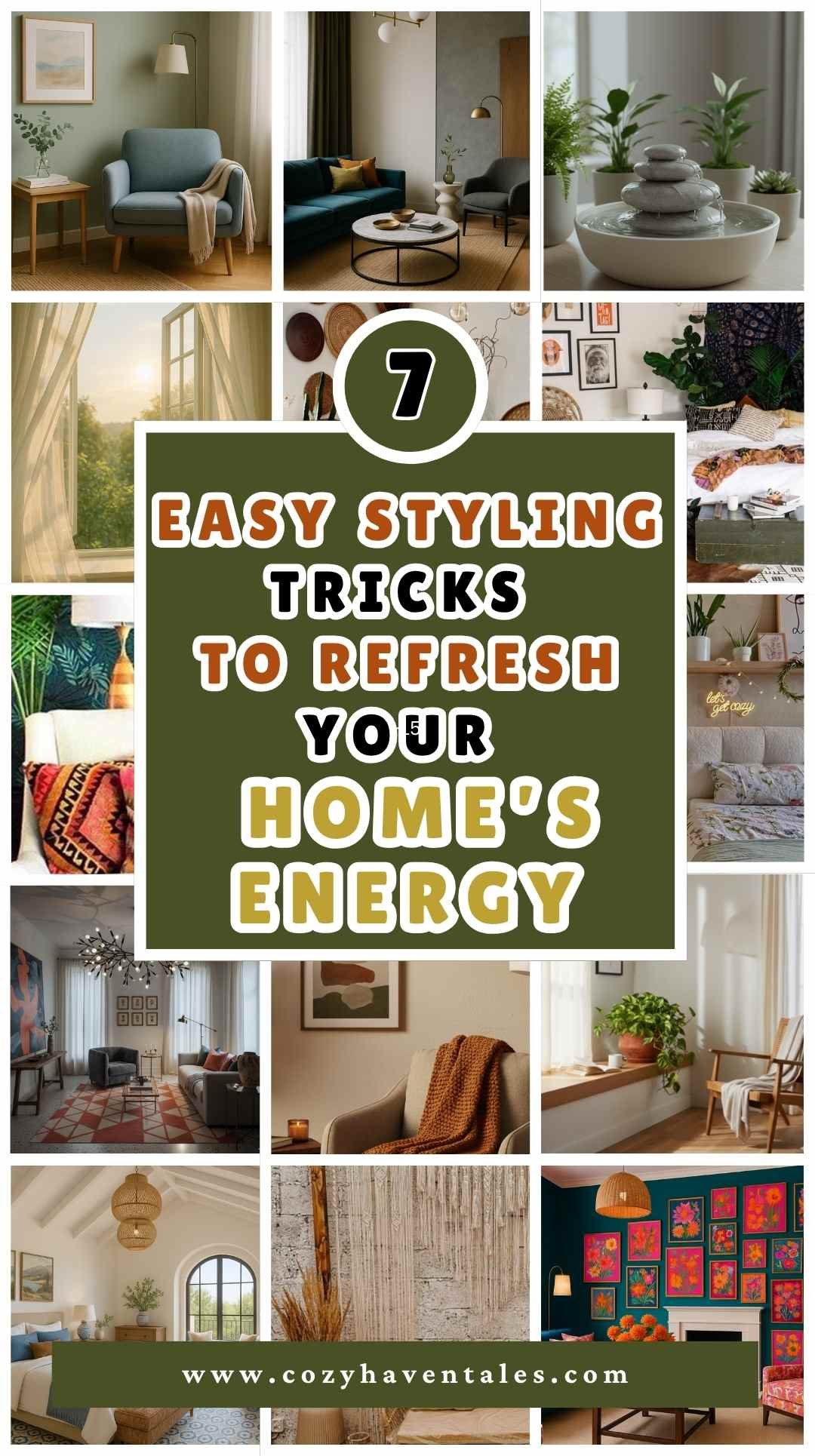 A cozy collage of modern interiors showing bright, airy rooms, plants, natural light, and textures — representing 7 easy styling tricks to refresh your home’s energy and mood.
