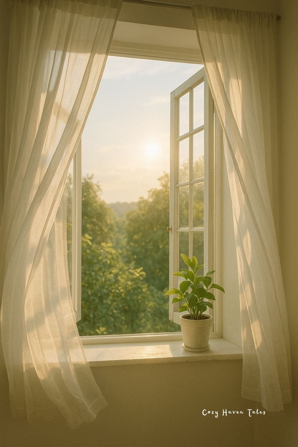 Open window with sheer curtains flowing in morning sunlight, potted plant on sill, soft natural light filling a calm beige room.