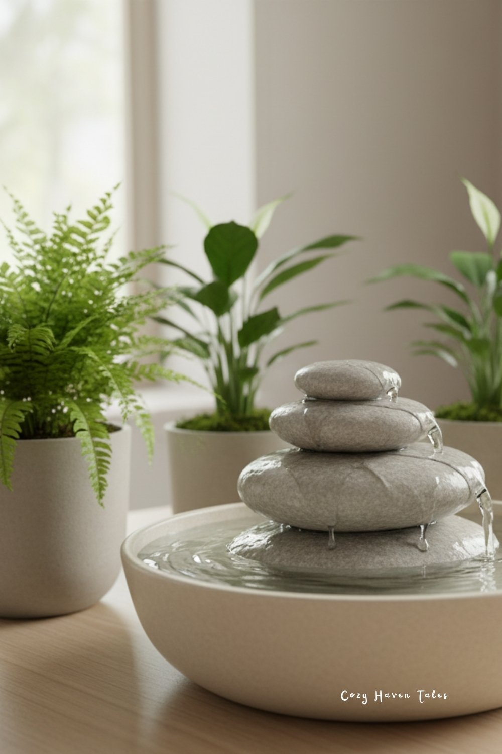 Modern tabletop with lush green indoor plants beside a small stone water fountain, sunlight glowing softly through window.