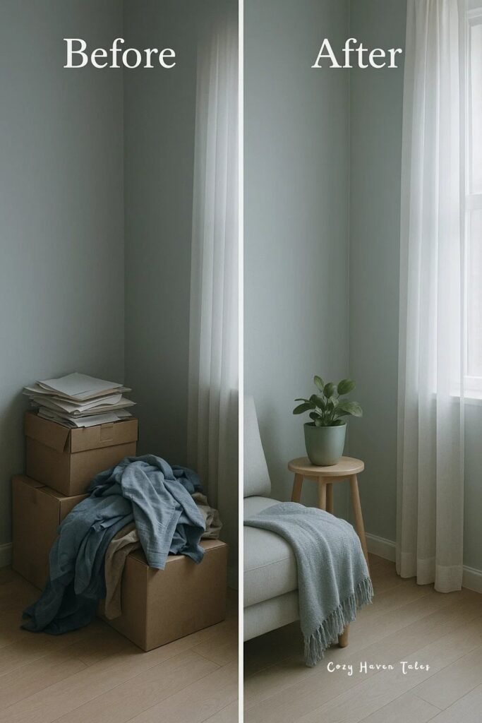 Before and after decluttering corner of a modern room — from messy stacks of boxes to clean minimalist setup with plant and natural light.
