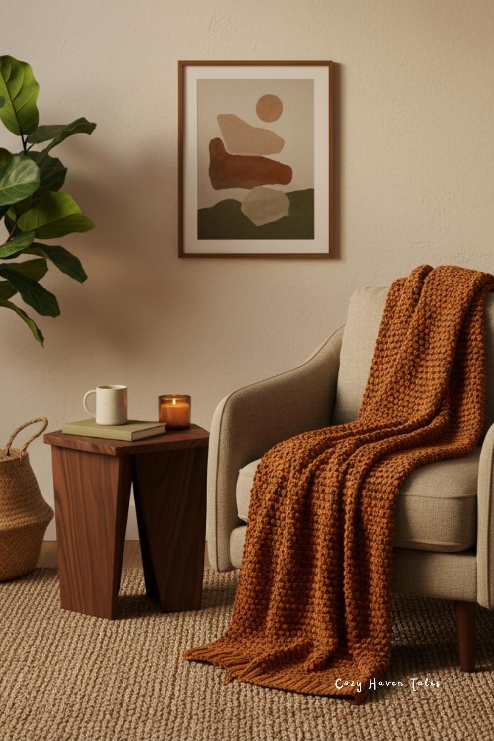 Cozy modern reading nook with rust-orange knit throw, neutral armchair, abstract wall art, and warm wood textures.