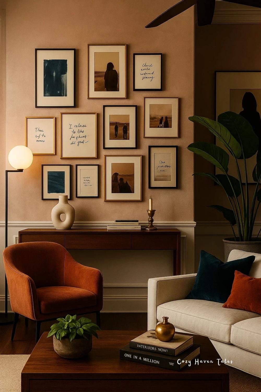 Modern living room gallery wall with framed art, warm lighting, terracotta chair, and greenery accent.