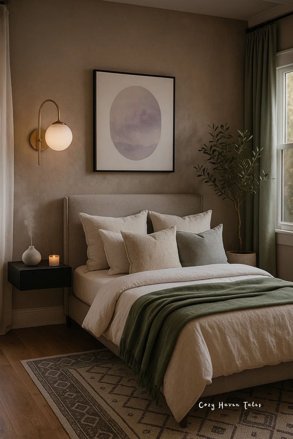 Contemporary bedroom with soft neutral tones, candles, green plant, wall art, and gentle lighting creating a soothing atmosphere.