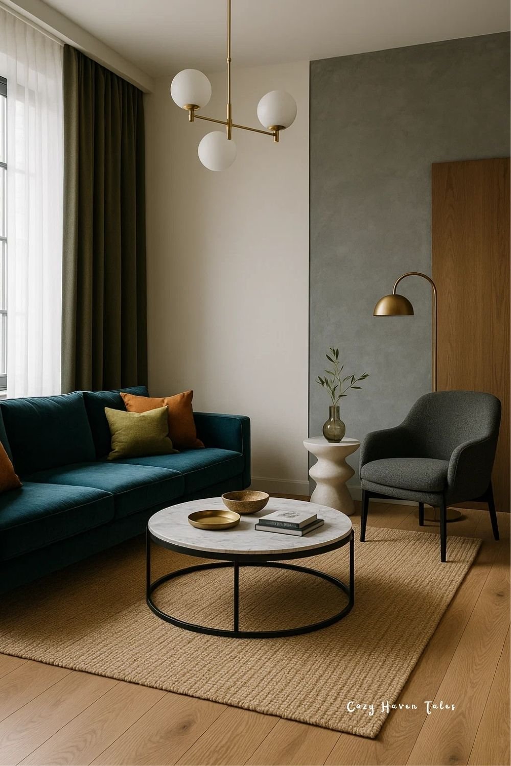 Modern living room showing incorrect balance — one side crowded, other corner empty, uneven height causing visual imbalance.