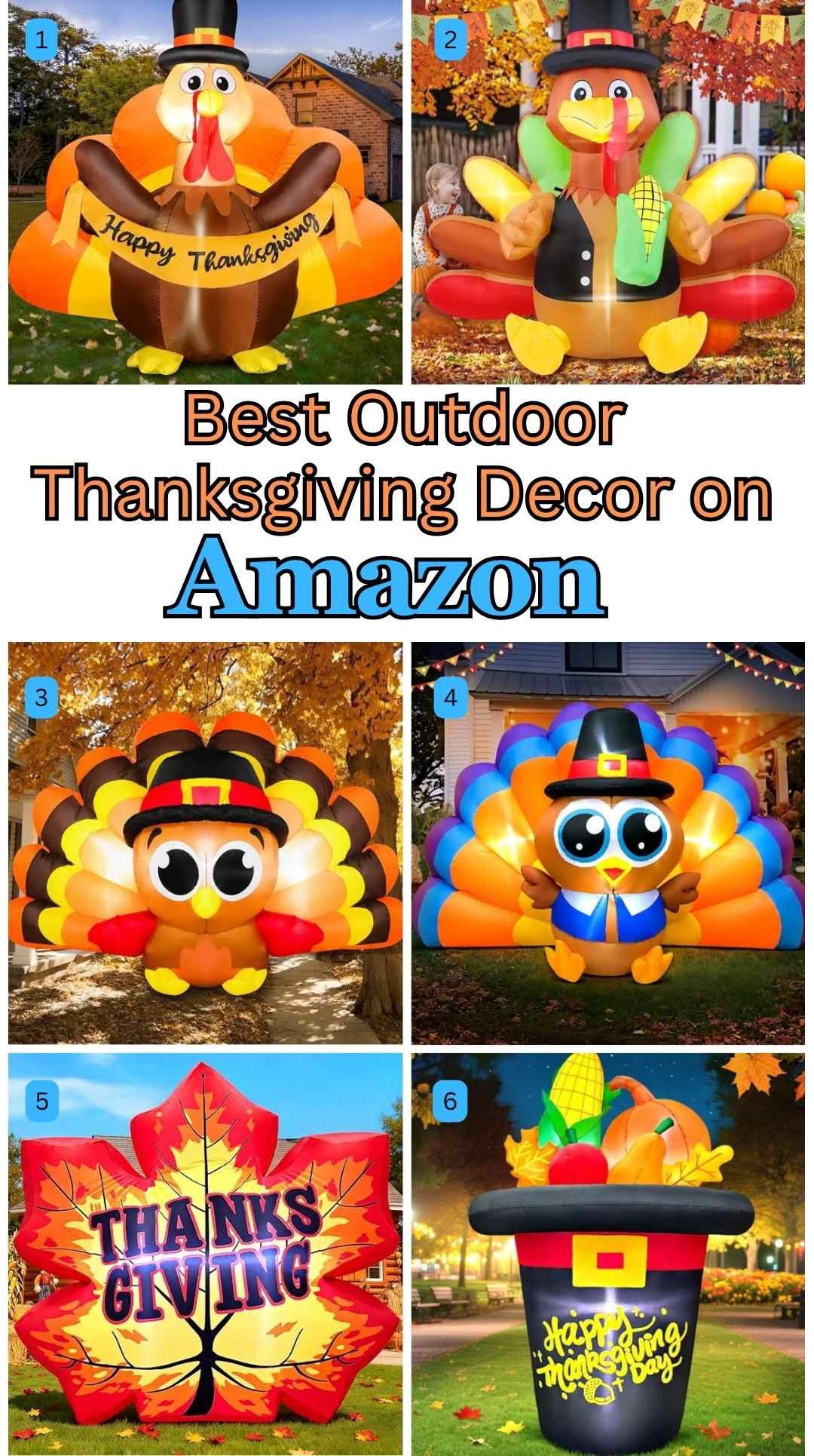 Collage of colorful Thanksgiving outdoor lawn inflatables including turkeys, maple leaf light display, and pilgrim hat yard décor. Bright fall yard decorations arranged in a grid for Amazon fall porch inspiration.
