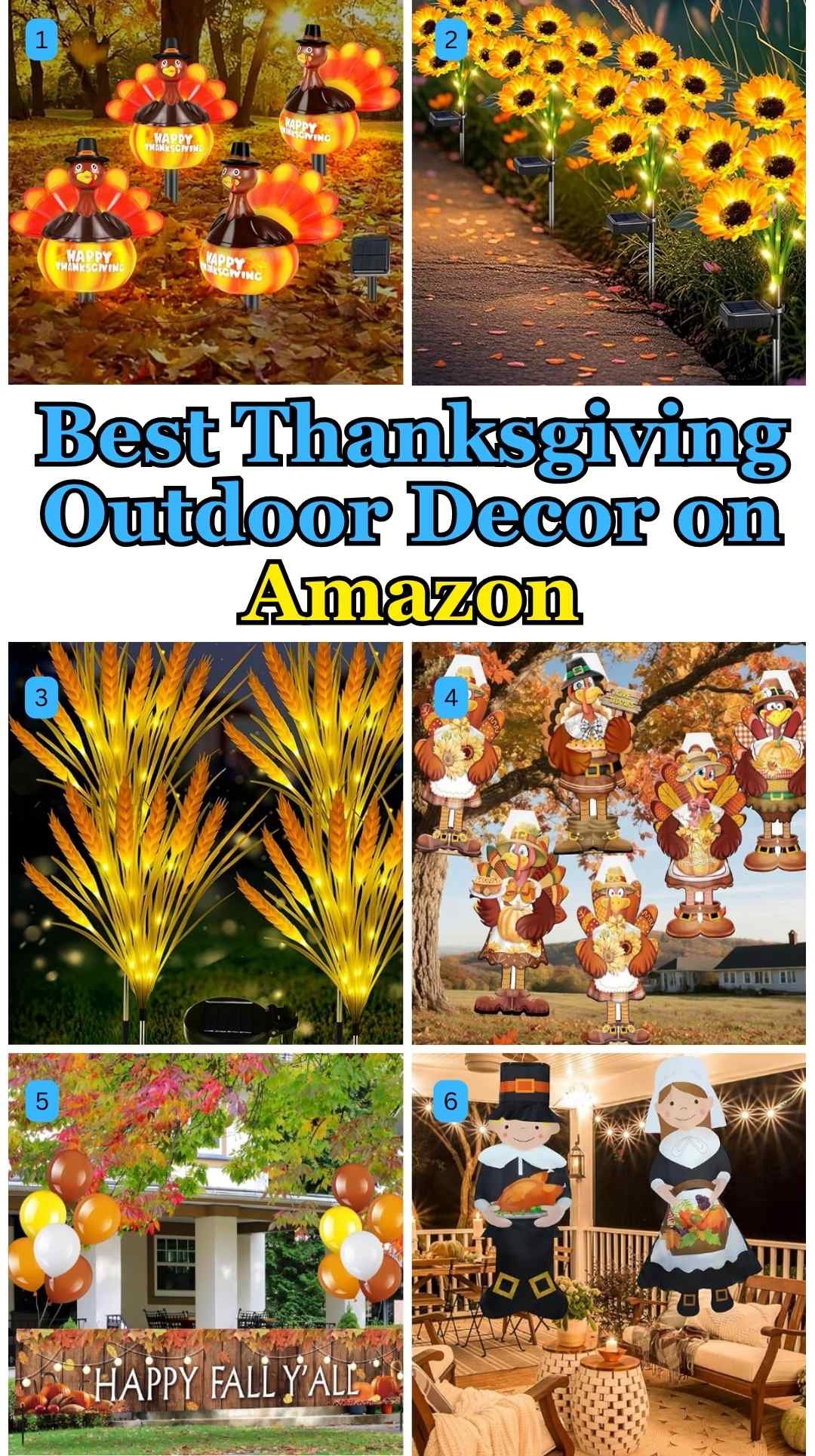 Thanksgiving and fall-themed outdoor decoration collage featuring turkey pathway solar lights, glowing sunflower garden lights, wheat autumn solar lights, and festive porch banners.
