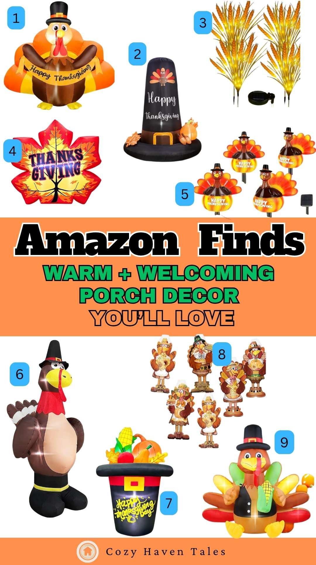 Collage of warm and welcoming Thanksgiving porch decor finds from Amazon, including turkey inflatables, wheat lights, maple leaf sign, pilgrim figures, and fall porch accent pieces.