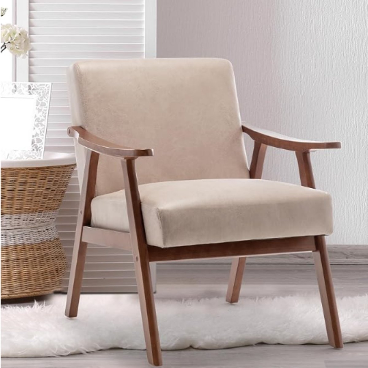 Light camel PU mid-century accent chair with wooden frame and cushioned seat.