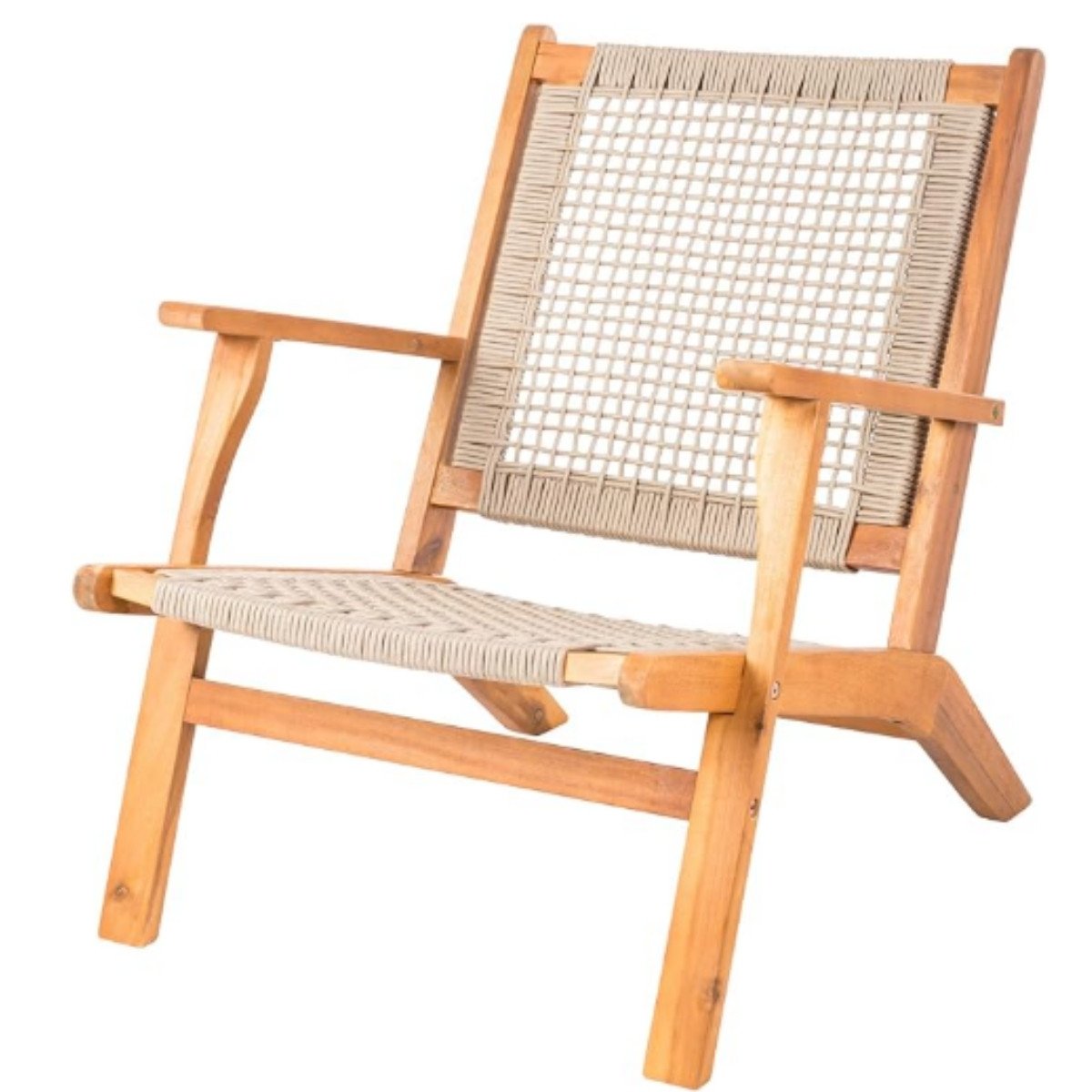 Natural wood lounge chair with a woven seat and clean Japandi-style lines, blending Scandinavian simplicity with Japanese craftsmanship.