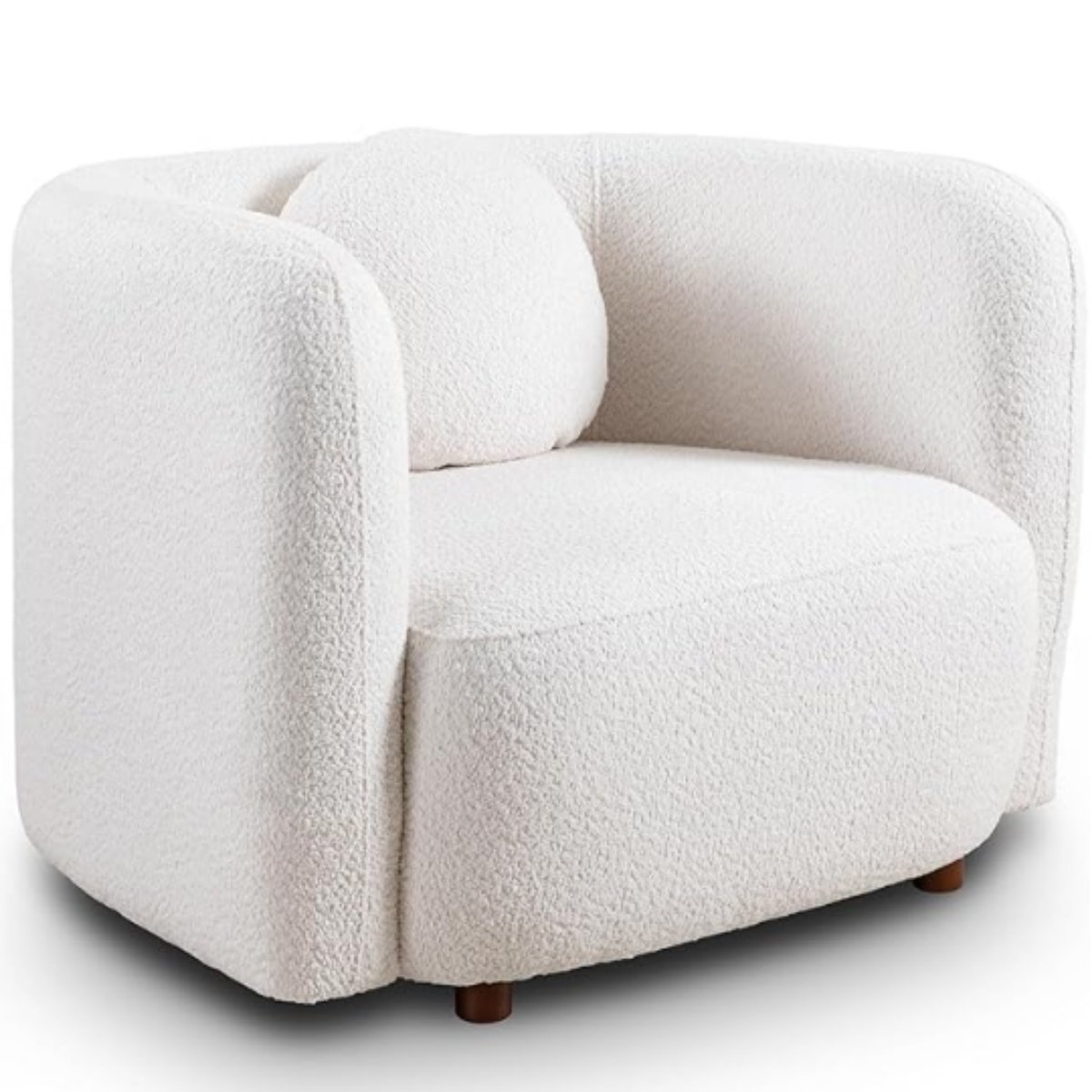 Modern white boucle cloud chair with rounded back and minimalist silhouette.